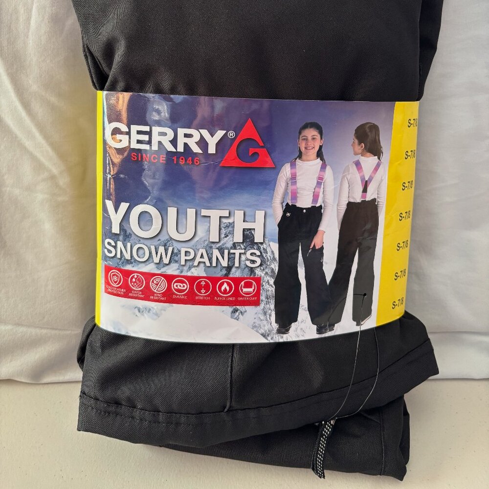 Gerry youth snow pants, black with colorful suspenders, S 7/8 - NWT